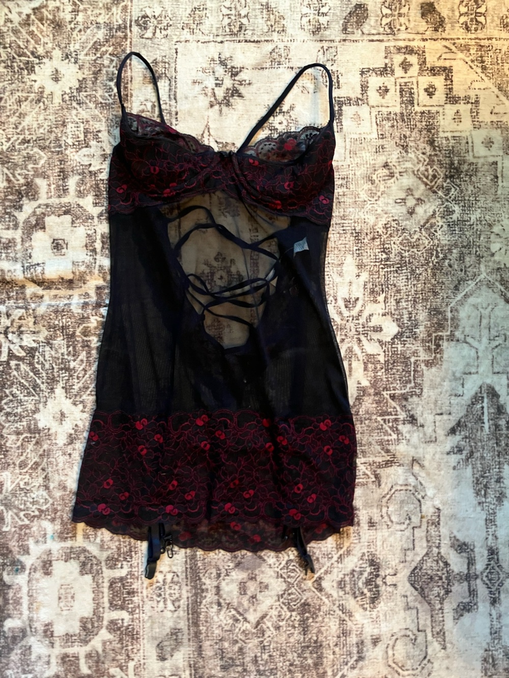 Lace-Trim Black Chemise with Red Floral Embroidery